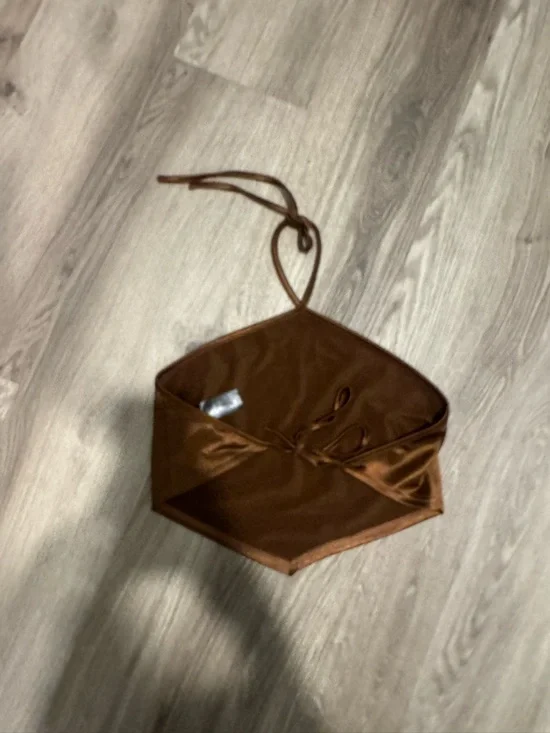 Satin Halter Crop Top in Shiny Brown - Picture 3 of 6